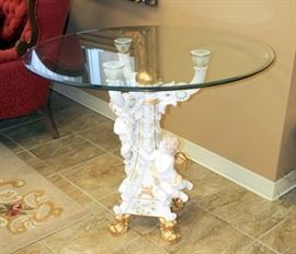Ren Style, Glass-Top Side Table With Cherub Motif, Beveled Glass 31"T x 36"Dia