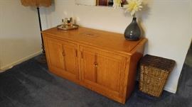 Handcrafted solid oak cabinet with inlaid wood design