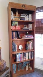 Handcrafted solid oak book case with inlaid wood design