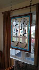 Stained glass hanging panel with planters