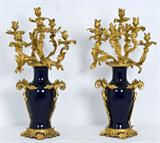36. PAIR OF LOUIS XV STYLE COBALT AND BRONZE SEVEN LIGHT CANDELABRA