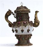 107. TIBETAN STYLE SILVERED METAL, JEWELED, AND ROCK CRYSTAL TEAPOT