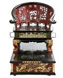 112. CHINESE EBONIZED, PAINTED, AND PARCEL GILT THRONE CHAIR
