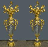 192. PAIR OF LOUIS XV STYLE CUT CRYSTAL AND DORE BRONZE FIVE-LIGHT CANDELABRA