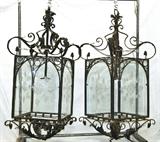 267. PAIR OF WROUGHT IRON AND ETCHED GLASS LANTERNS