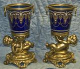 339. PAIR OF FRENCH ENAMELED AND BRONZE FIGURAL VASES