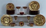385. VENETIAN GILT DECORATED CRANBERRY GLASS TABLE VESSELS