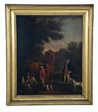 410. IN THE MANNER OF JAMES SEYMOUR: "A GENTLEMAN WITH STALLION, GROOMSMAN, AND HOUNDS"