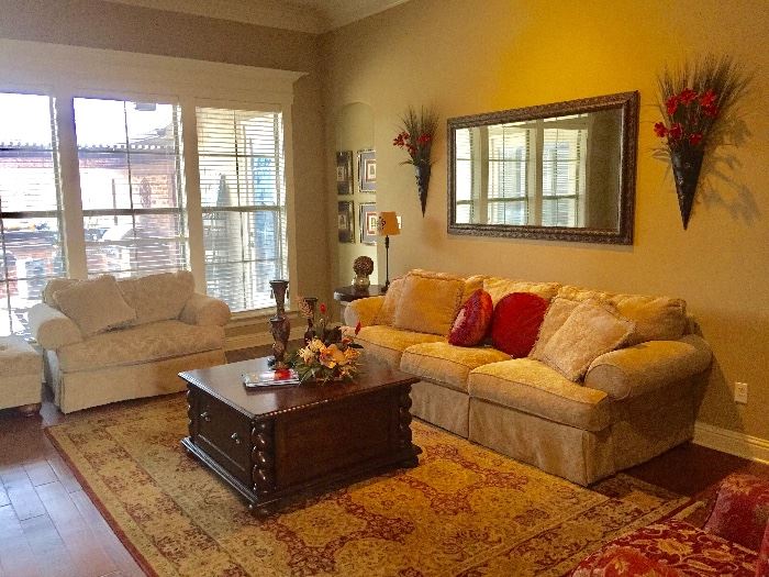 Sofa and matching oversized chair and ottoman, large rug, Eddie Bauer barley twist coffee table and matching end tables, large mirror