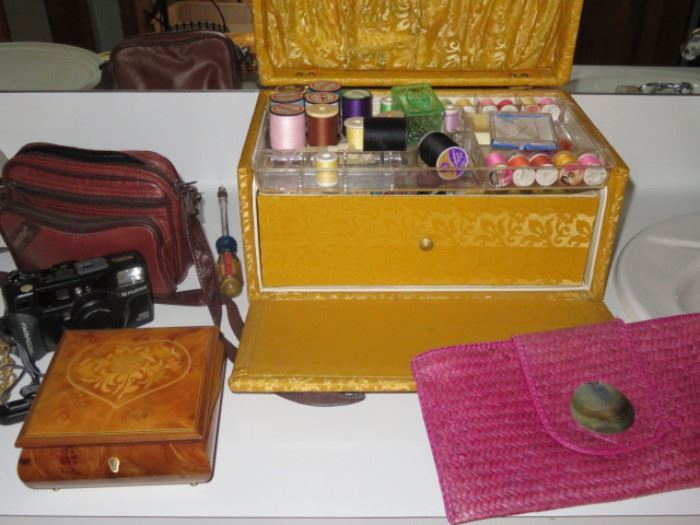 Vintage Sewing Box and Cameras.