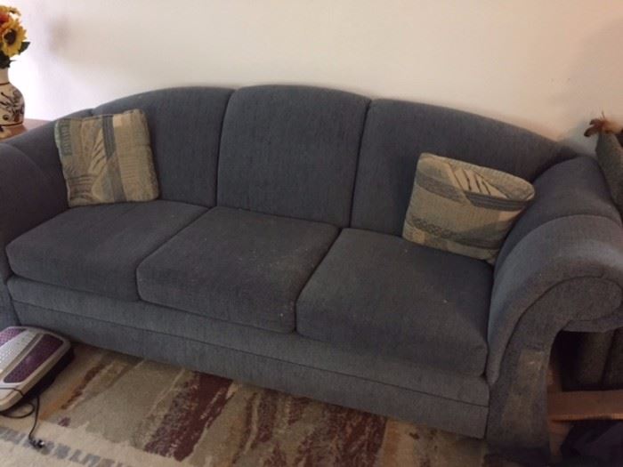Some cat damage on edges.  Couch, loveseat, easy chair for $75.  Sits well, good back support, nice fabric.