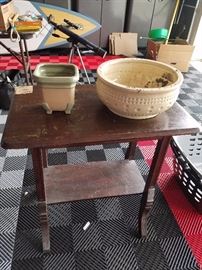Antique side table, flower pots