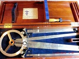 Warren Knight antique boxed protractor, 3 armed