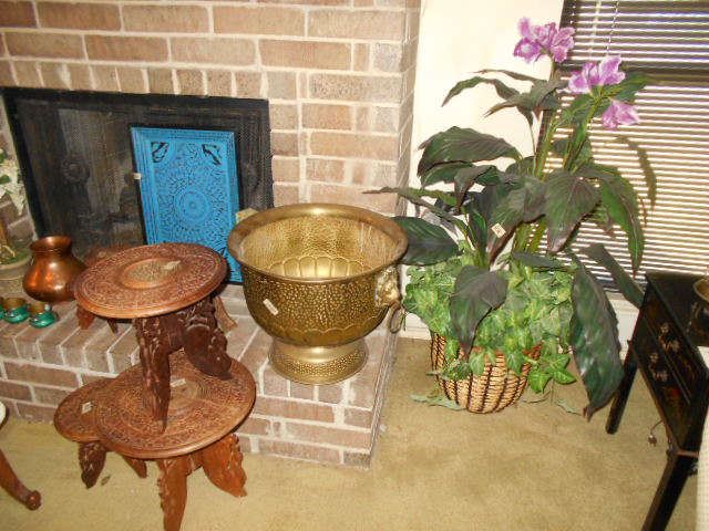 silk plant, brass container, plant tables