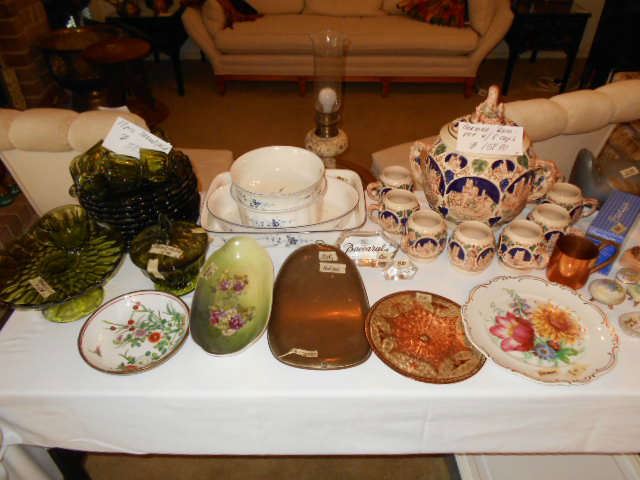 Thump-print grn dishes, Villeroy & Boch serving dishes (Vieux Luxembourg), vintage Rum pot from Germany, vintage items
