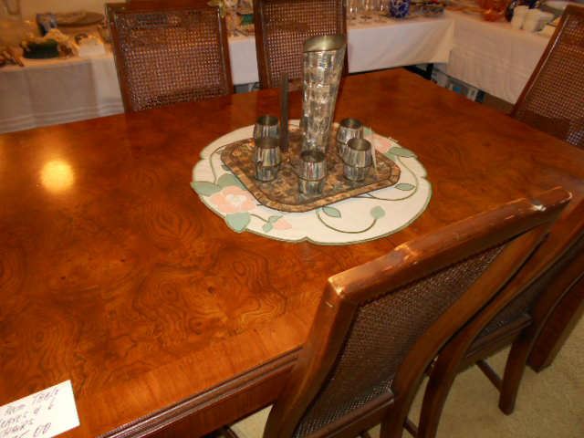 great looking dining room set with 6 chairs and 2 extra leaves, Mother pearl on brass bar set,