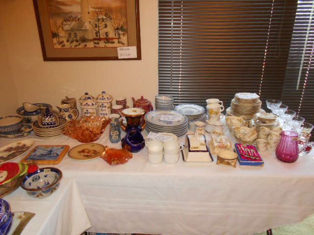water color painting, Delft blue containers, Polish pottery, Asian tea set, Asian dinnerware, fine china, Hummel plates, vintage butter dishes, etc.