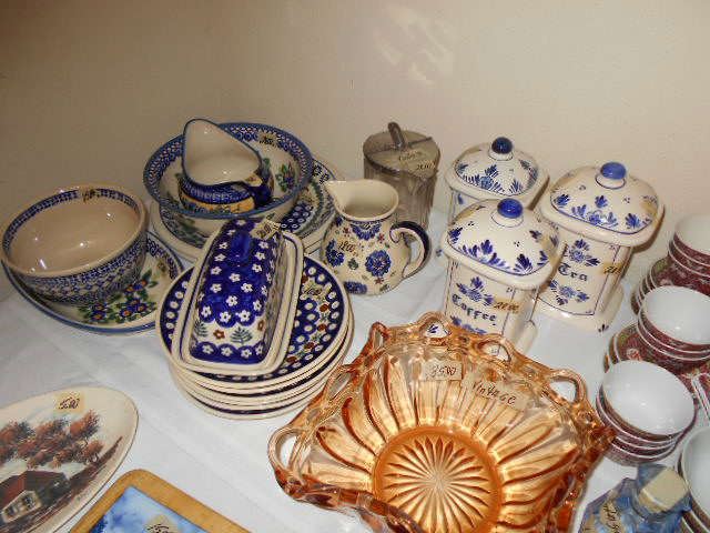 Polish pottery, vintage dishes, Delft blue containers