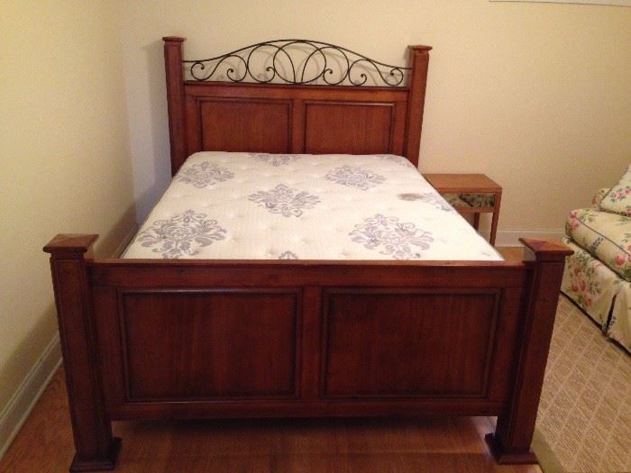 Metal Accent Walnut Queen Bed - Headboard, Foot Board, Side Boards and Rails w/ Complimentary Queen Size Mattresses