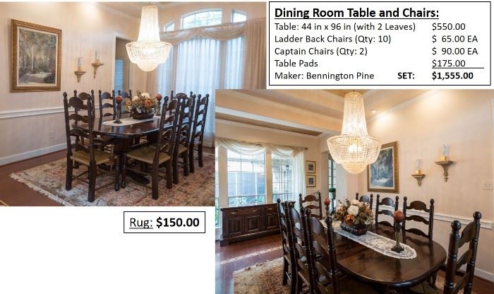Rug Sold
Correction Dining Table and Chairs $1,000
Captain Chairs $50 EA