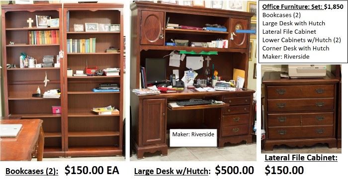 Bookcase $100 ea Large Desk $350 Lateral $100. Side $150 Corner $150