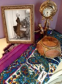 Vintage spelter cherub dresser clock, YSL paisley scarves, jewelry box