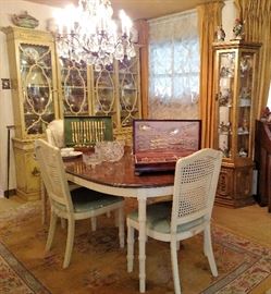 Rosepoint sterling flatware, brass flatware, cut glass and pressed glass, silverplate, dining table, four chairs, curio cabinet and Chinese oriental rug