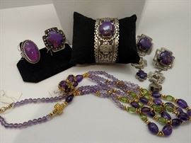 JS VR sugalite and sterling jewelry along with 14k yellow gold amethyst and peridot ring and necklace