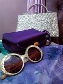 1950's Mother of pearl sunglasses with vintage handbags and Vera scarf