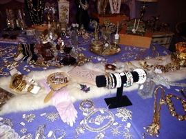 Costume jewelry, vintage perfume bottles, handbags, jewelry boxes, ladies belts