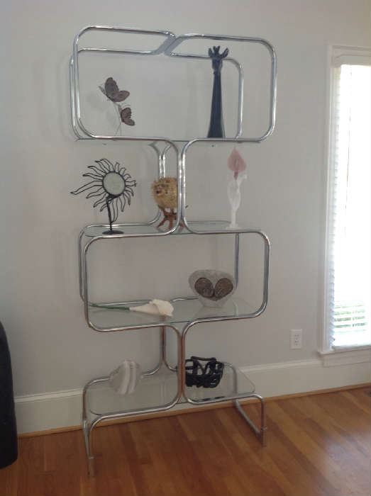 Vintage (70's) Chrome / Glass display piece - 35" wide x 17" deep and 79" tall - 4 glass shelves, matching end tables ($ 90.00 each) also available - $ 340.00