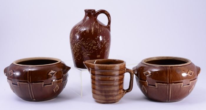 31: 3 Brown USA Pottery Pieces & Brown Musical Jug