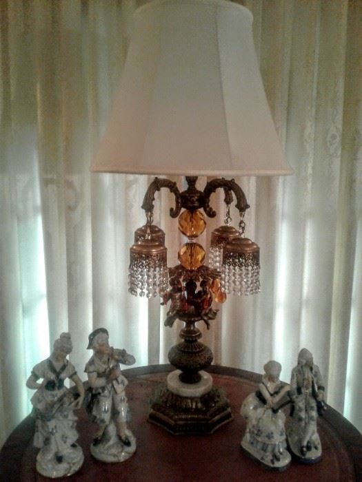 Beautiful pictures of Lamp with amber and clear crystals. Wonderful ceramic porcelain "Norleans" figuerines.