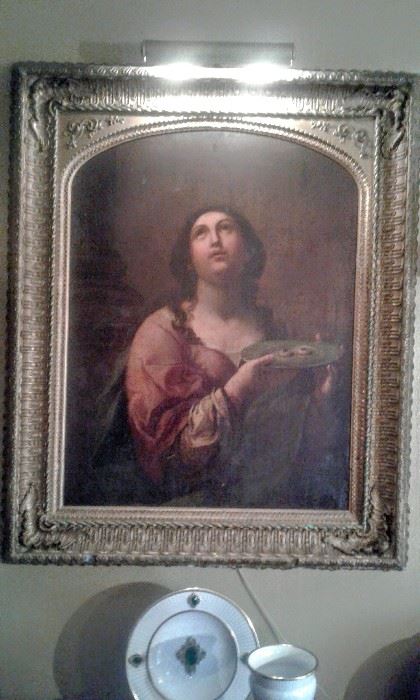 Beautiful old antique painting of young woman looking up as if she is "praying."