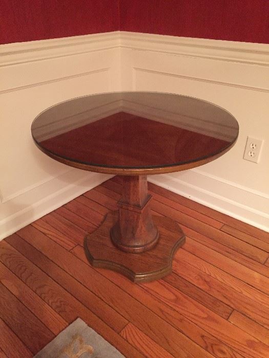 Signed Henredon Walnut table - 28" with custom cut glass topper
