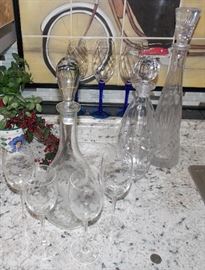 Etched decanter and stems, Towle crystal decanter