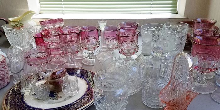 pressed glass globets, pink stem ware fenton basket 