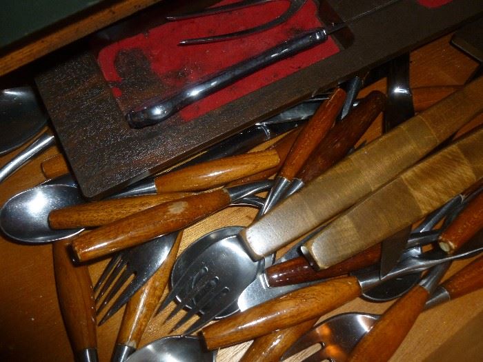 Wooden handled Danish modern silverware set for 4