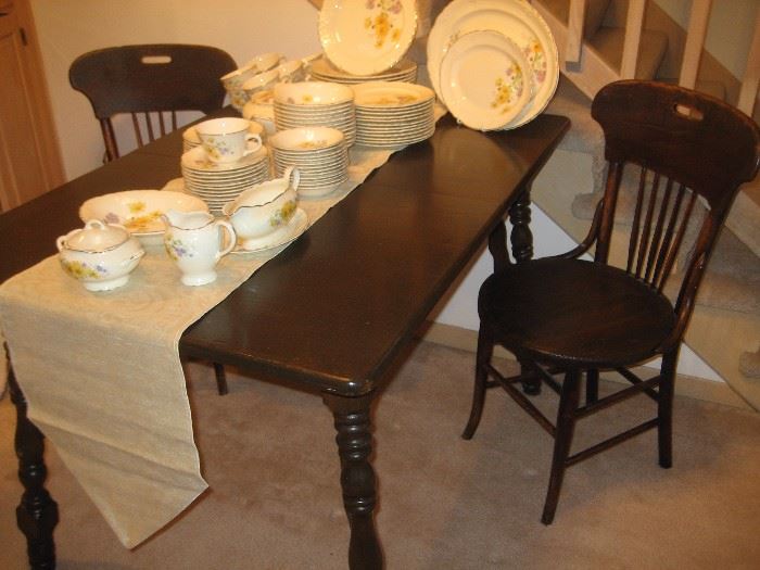 Antique wood table and chairs, Taylor Smith dinner service for 12