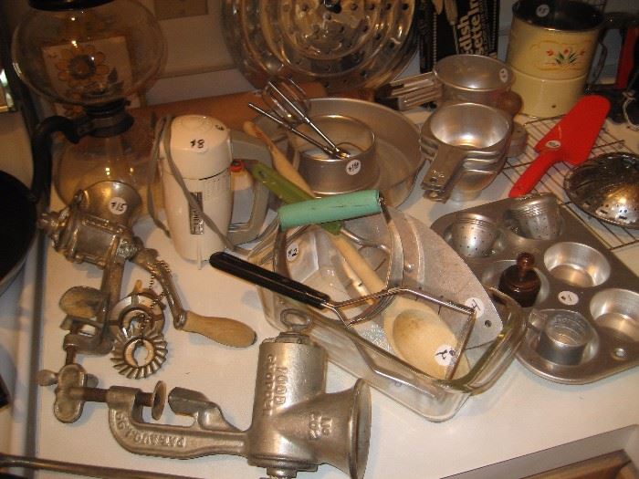 Vintage meat grinders and kitchenware