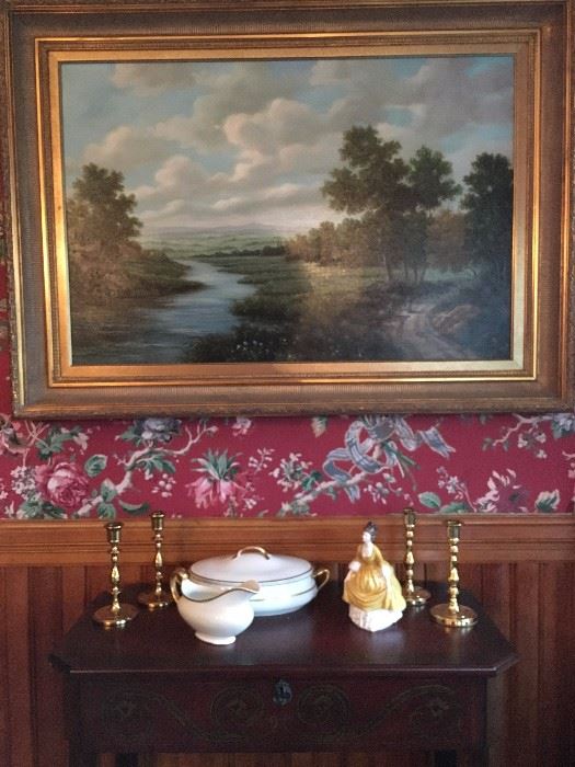 Late 19th Century Oil Painting Depicting a Stream Running Through a Landscape. Signed Jean Wilton. Royal Doulton "Coralie". Johnson Bros Serving Pieces. 