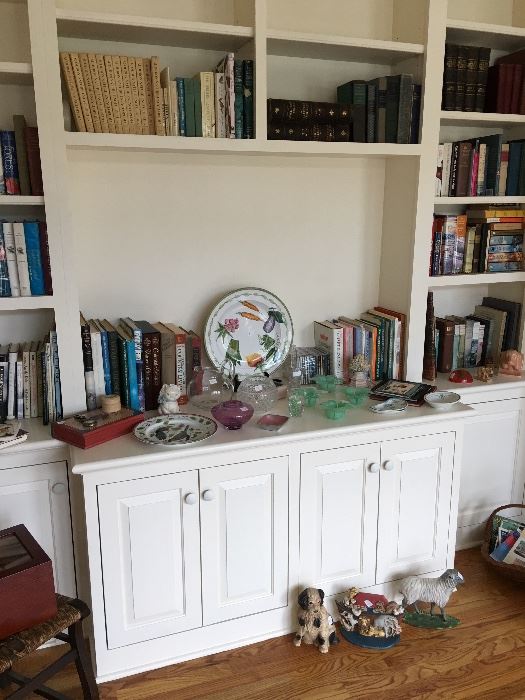 Books, newer cast iron doorstops, vintage and newer glassware, pottery, etc. 
