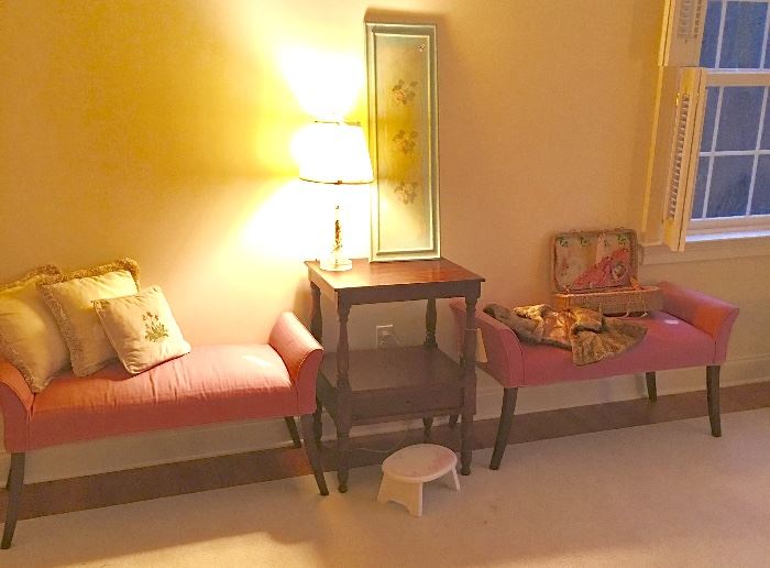 Matching pair of end-of-bed stands.  Vintage bed or side table with drawer.  Glass poured leaves lamp , etc. 