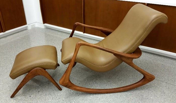 Vladimir Kagan, Contour rocking chair & foot stool, in walnut for Ralph a Pucci with stingray leather from Holly Hunt
