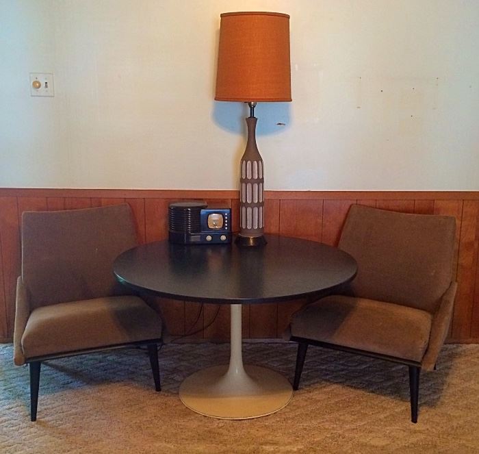 Mid C Mod Tulip Table, Mid C Mod Pottery Lamp, Mid C Mod Chairs (Four Available), Vintage Stereo