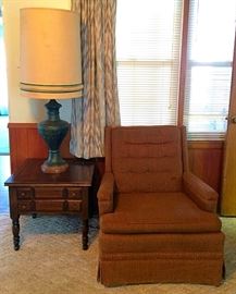 Vintage End Table & Skirted Chair, Vintage Mid C Mod Pottery Lamp with Original Shade