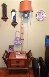 Vintage End Table - Magazine Rack Combo, Wired Vintage Oil Lantern Sconce, Mirror Candle Sconces, Vintage Typewriters