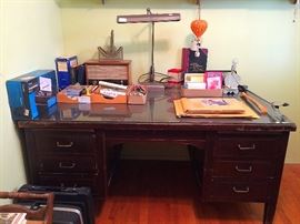 Vintage Desk, Task Light Lamp & Office Supplies