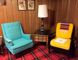 Vintage Teal Arm Chair (TLC), Vintage End Table, Vintage Brass Lamp, Vintage Mid C Arm Chair, Vintage Prints