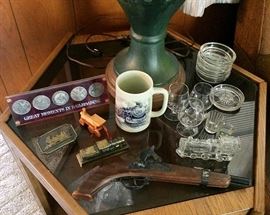 Smoke Glass End Table, Collection of Train Related Items, Glassware, Vintage Cadet Cap Gun